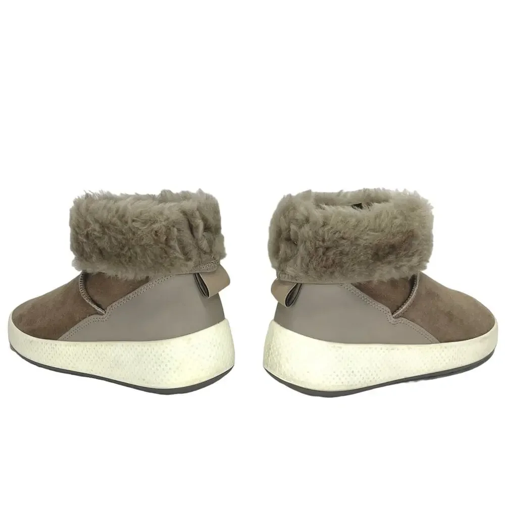 Ecco Women Taupe Winter Boot Size 5-5.5 Leather Shearling Lined Foldable Bootie